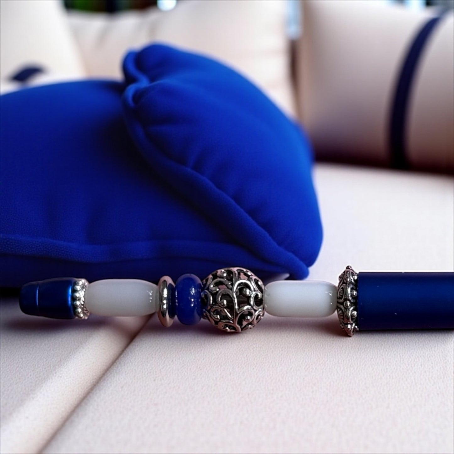 Handmade Blue Pen with White Glass Bead - Metal Ballpoint, Artisan Crafted, Unique Gift