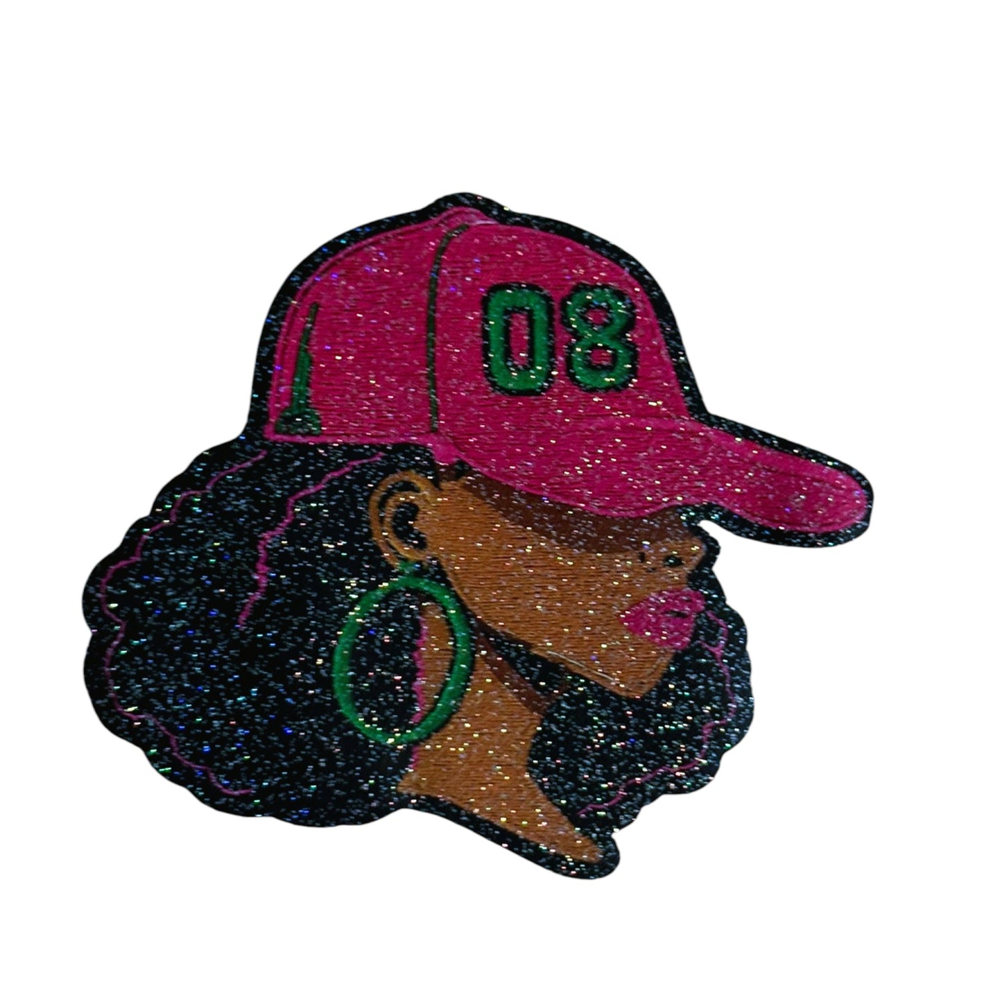 White Long Sleeve Shirt with Female with "08" Baseball Cap in Pink and Green