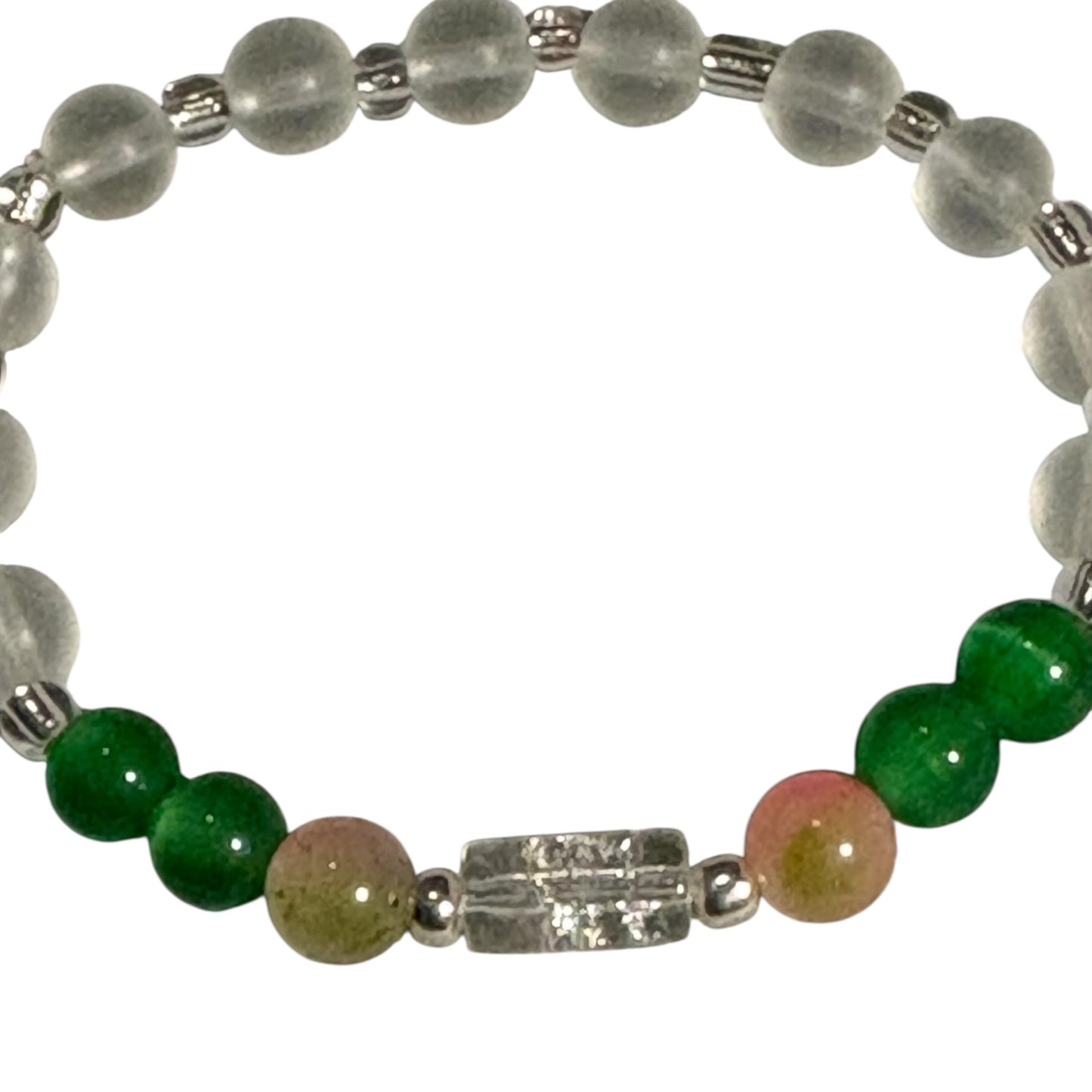Pink & Green Tiger’s Eye and Green Handcrafted 3 piece Beaded Stretch Bracelet Set