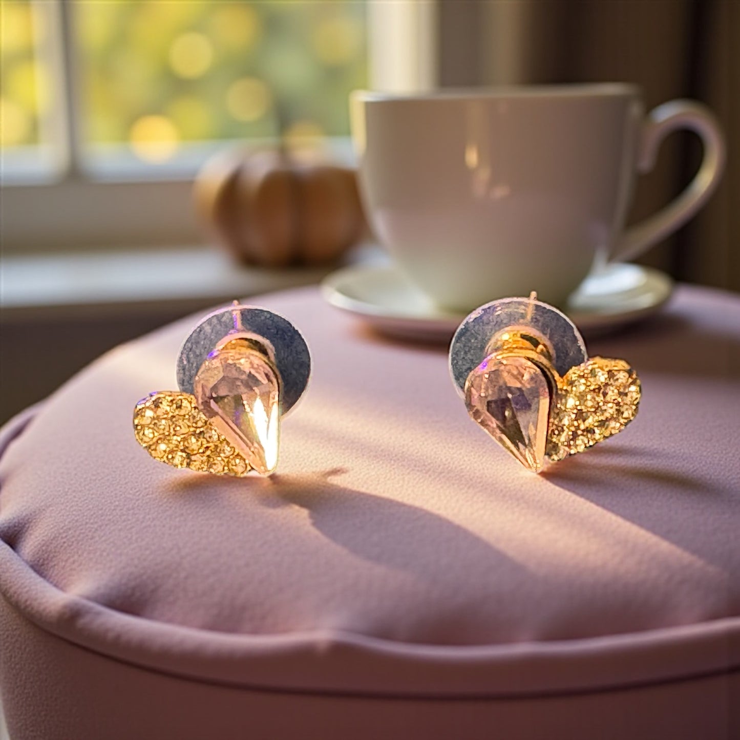 Pink Jewel & Rhinestone Heart Stud Earrings