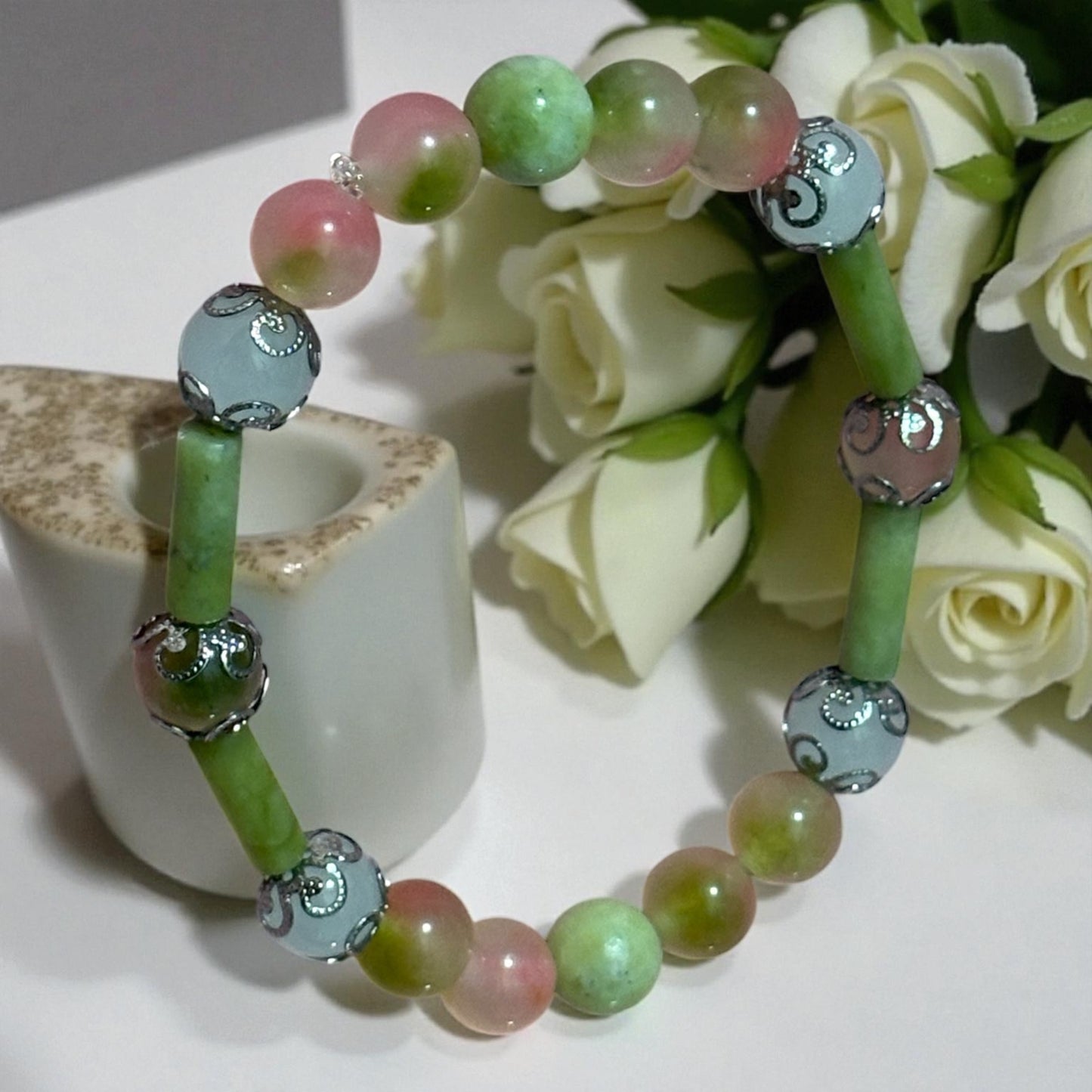 Handmade Elegant Stone and Glass Beaded Pink and Green Bracelet