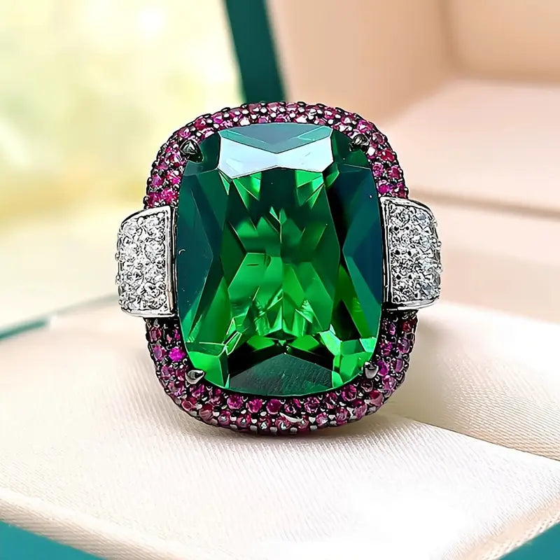Green Adjustable Statement Ring with Pink Trim and Flanked with White Jewels