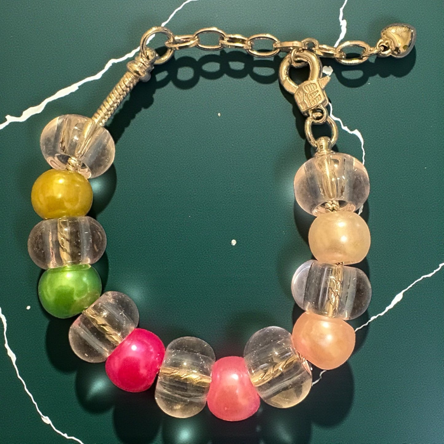 Handmade Pink & Green Glass and Faux Pearl Bracelet
