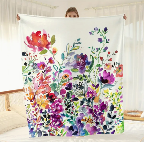 Gorgeous Watercolor Floral Throw with Deep Purples and Pinks
