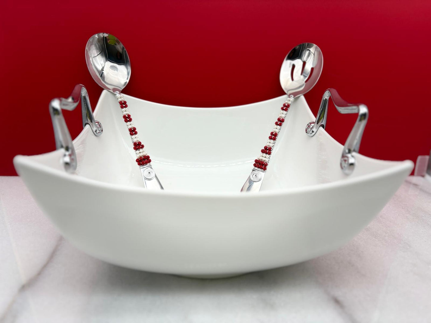 White Ceramic Serving Bowl with Crimson Utensils – 10” Modern Salad Bowl Gift Set