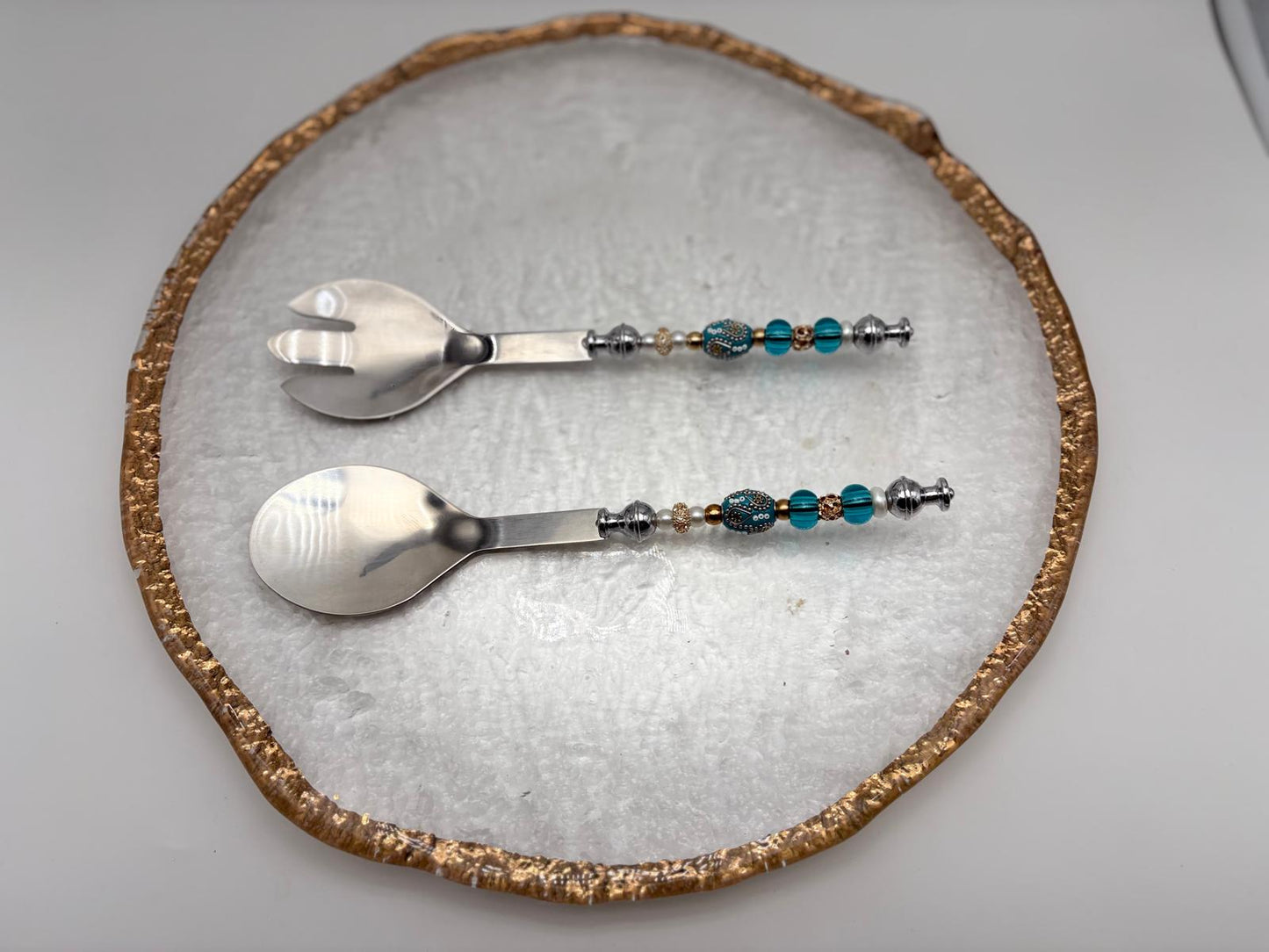 Elegant Turquoise & Gold Serving Platter with Matching Utensils – 14.25” Round Set