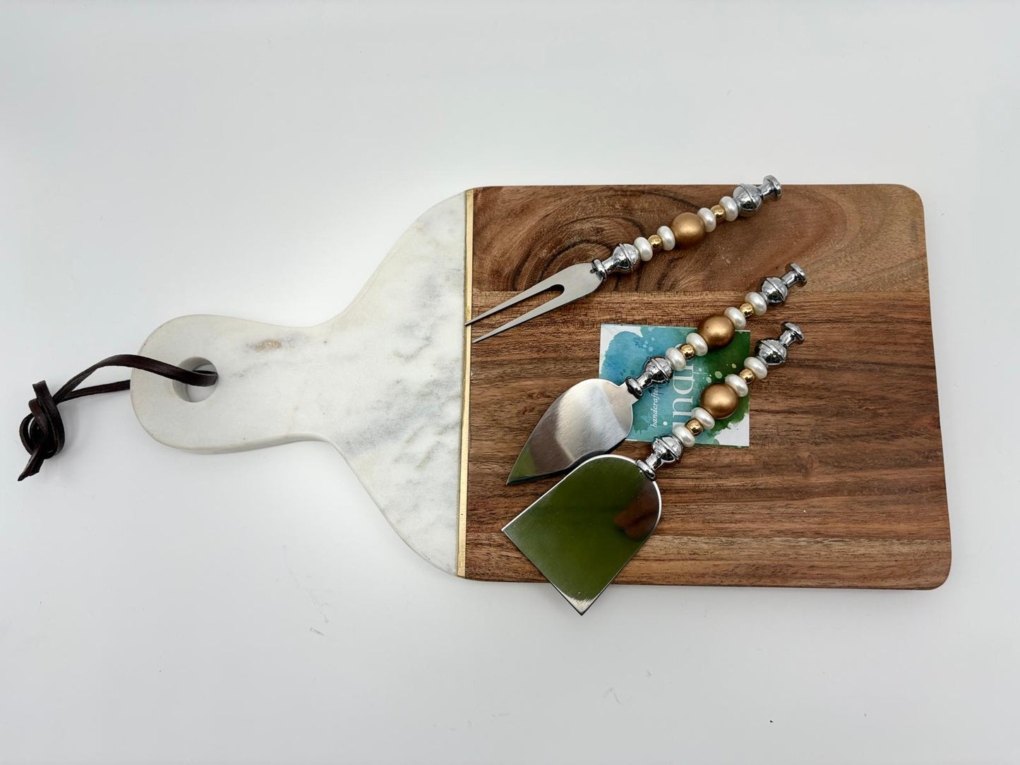 Butcher Block & Marble Cutting Board Set – 14” x 7” with Charcuterie Utensils & Leather Tie