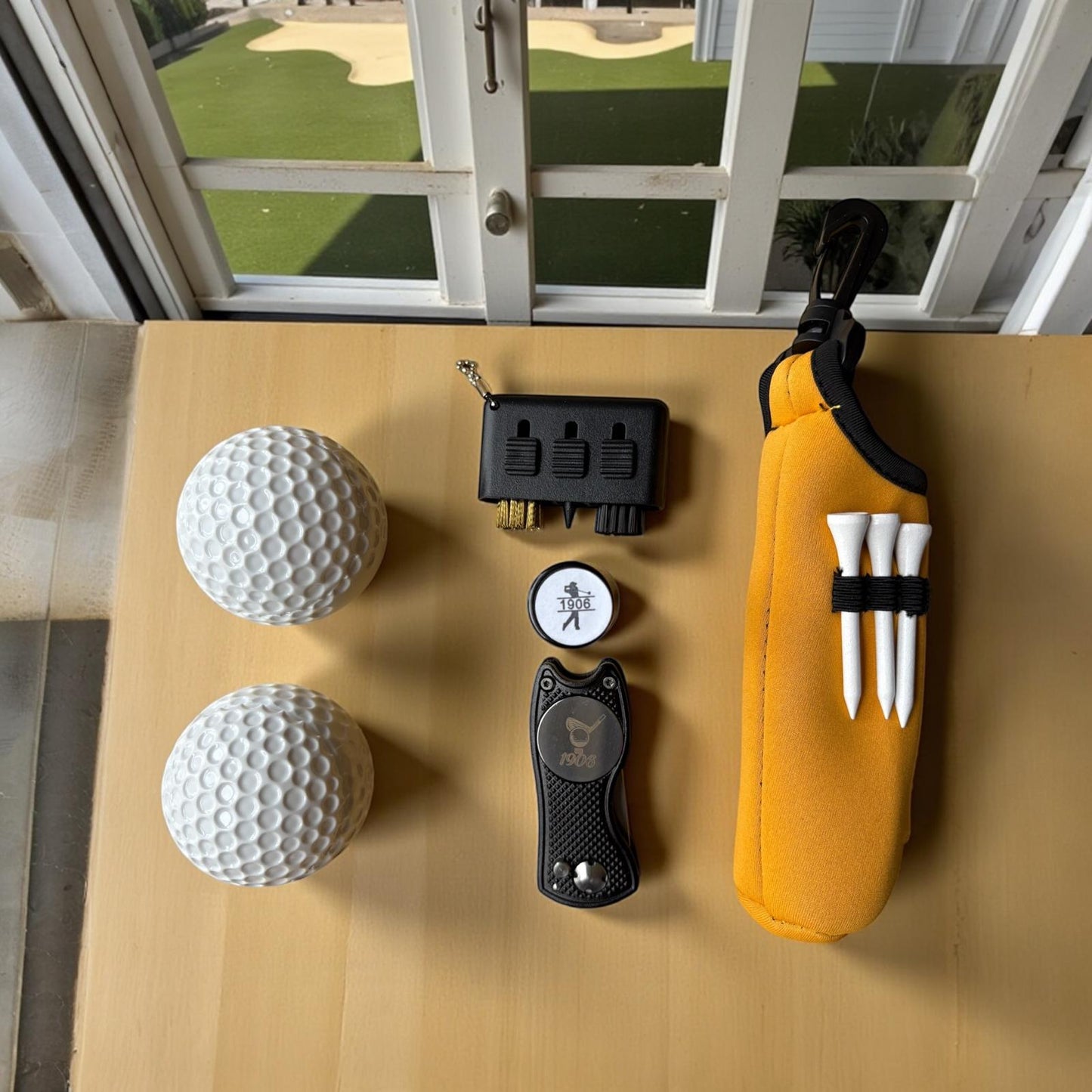 Gold 1911 Engraved Golf Set - Flask, Ball Marker, Divot Tool, Shot Cups & Ball Stamp