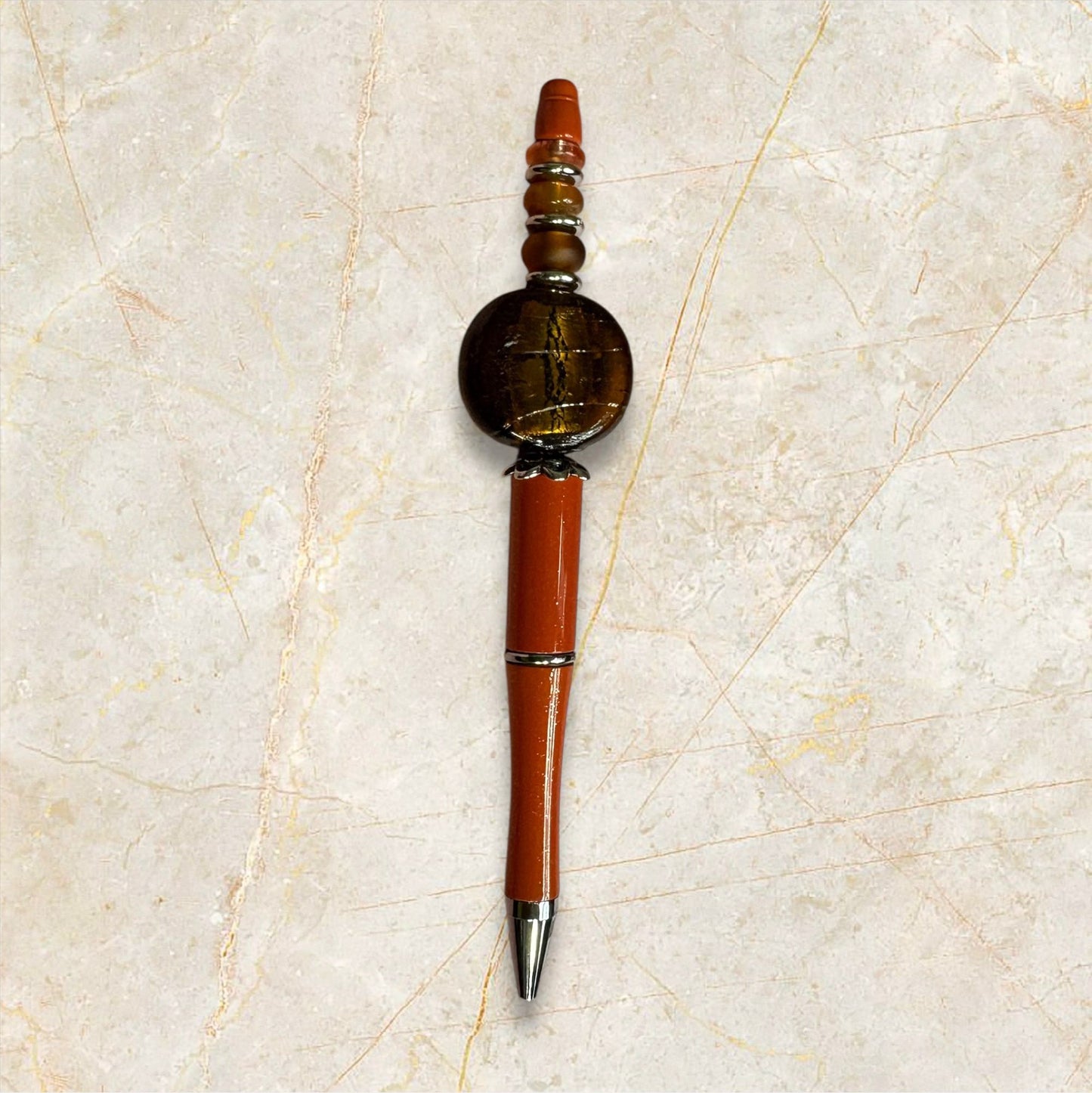 Artisan Orange Glass Bead Pen - Handmade Lampwork Writing Instrument