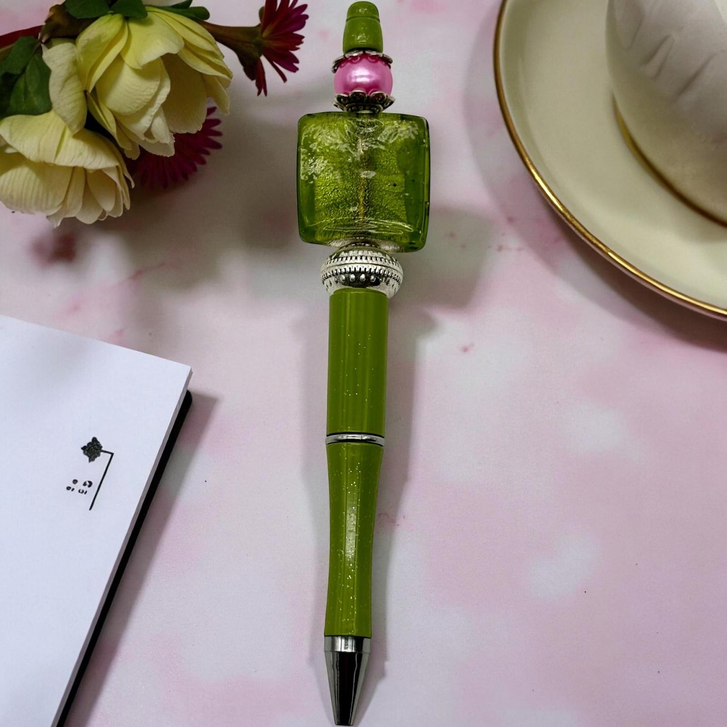 Handmade Writing Instrument: Handmade Green Pen with a Square Glass Lampwork Bead