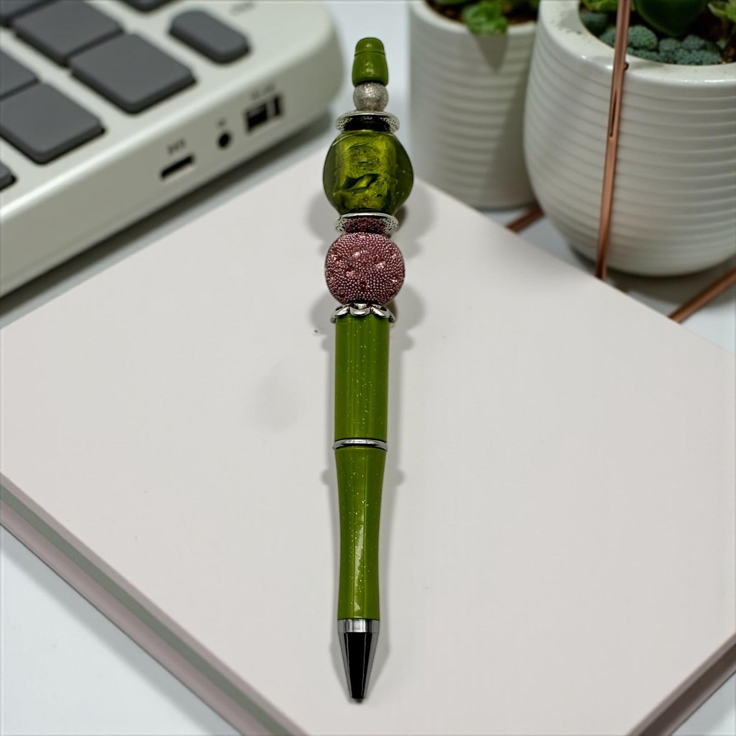 Green & Pink Beaded Luxe Pens — Elegant Writing in Style