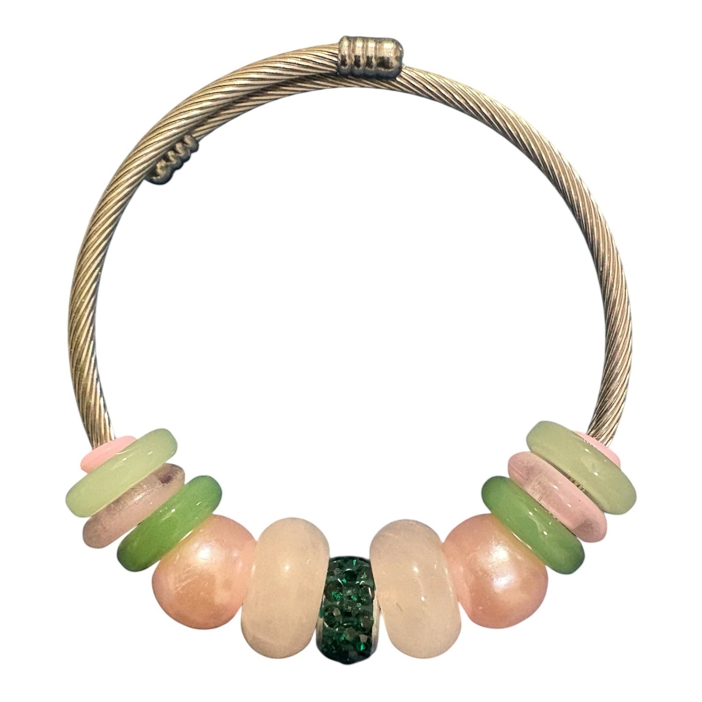 House of Lux Gifts handmade bangle bracelet featuring pink, green, and clear glass beads with a central green rhinestone