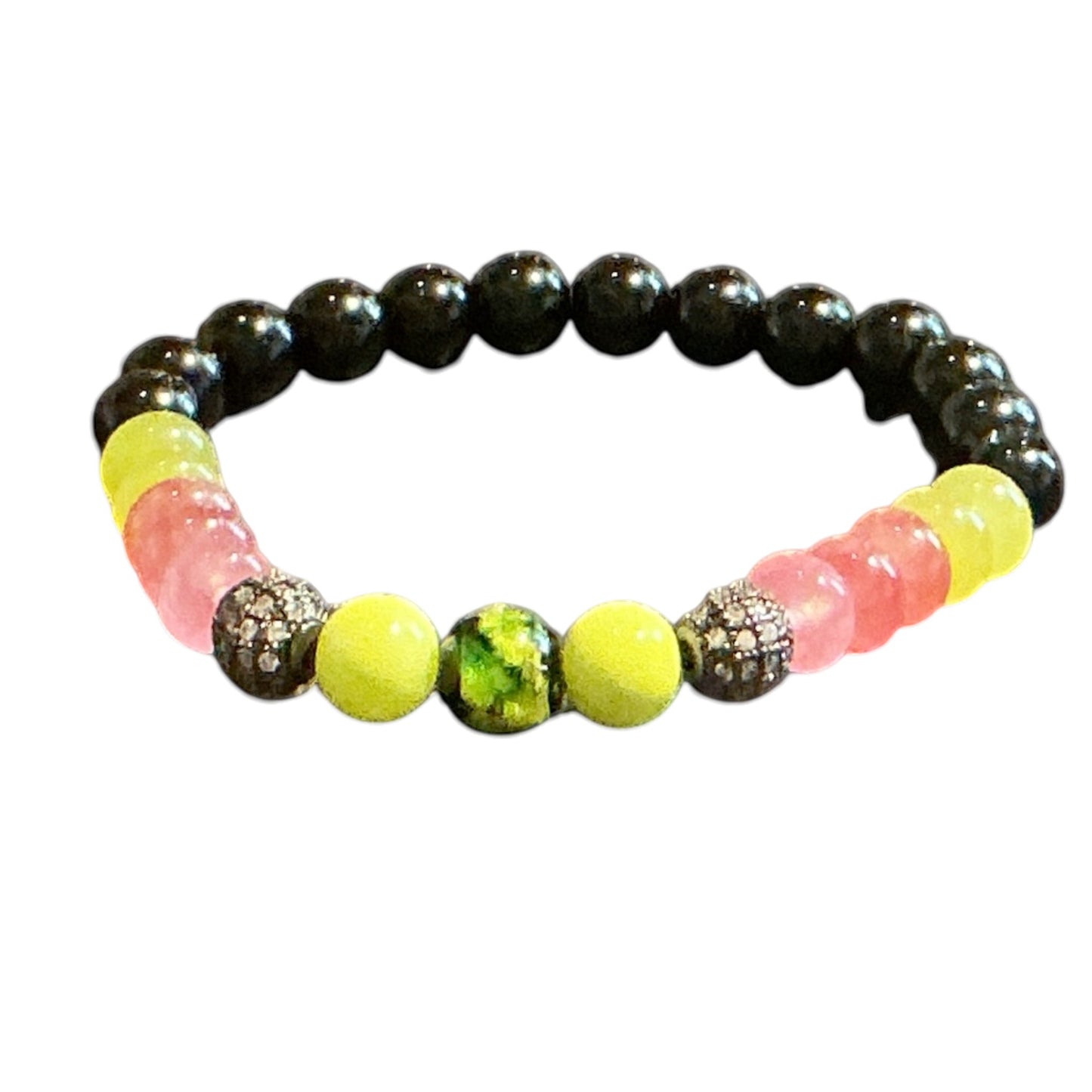 House of Lux Gifts handmade stretch bracelet featuring pink, green, and black glass beads with rhinestone accents.
