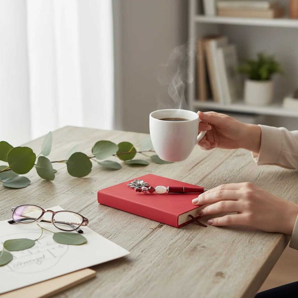 House of Lux Gifts crimson journal and beaded pen set on a wooden desk with a steaming cup of coffee and glasses.