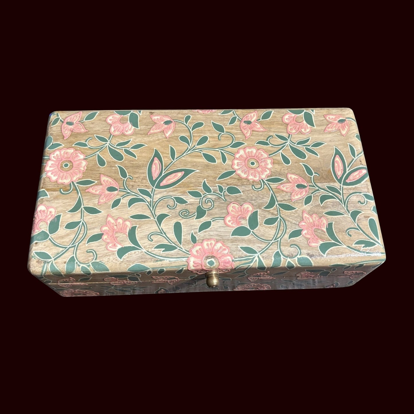 House of Lux Gifts wooden game night box featuring intricate pink floral and green vine inlay on a natural wood finish.
