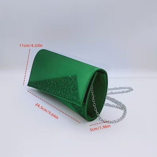 House of Lux Gifts green evening clutch with rhinestone accents, silver chain strap, and detailed dimensions.