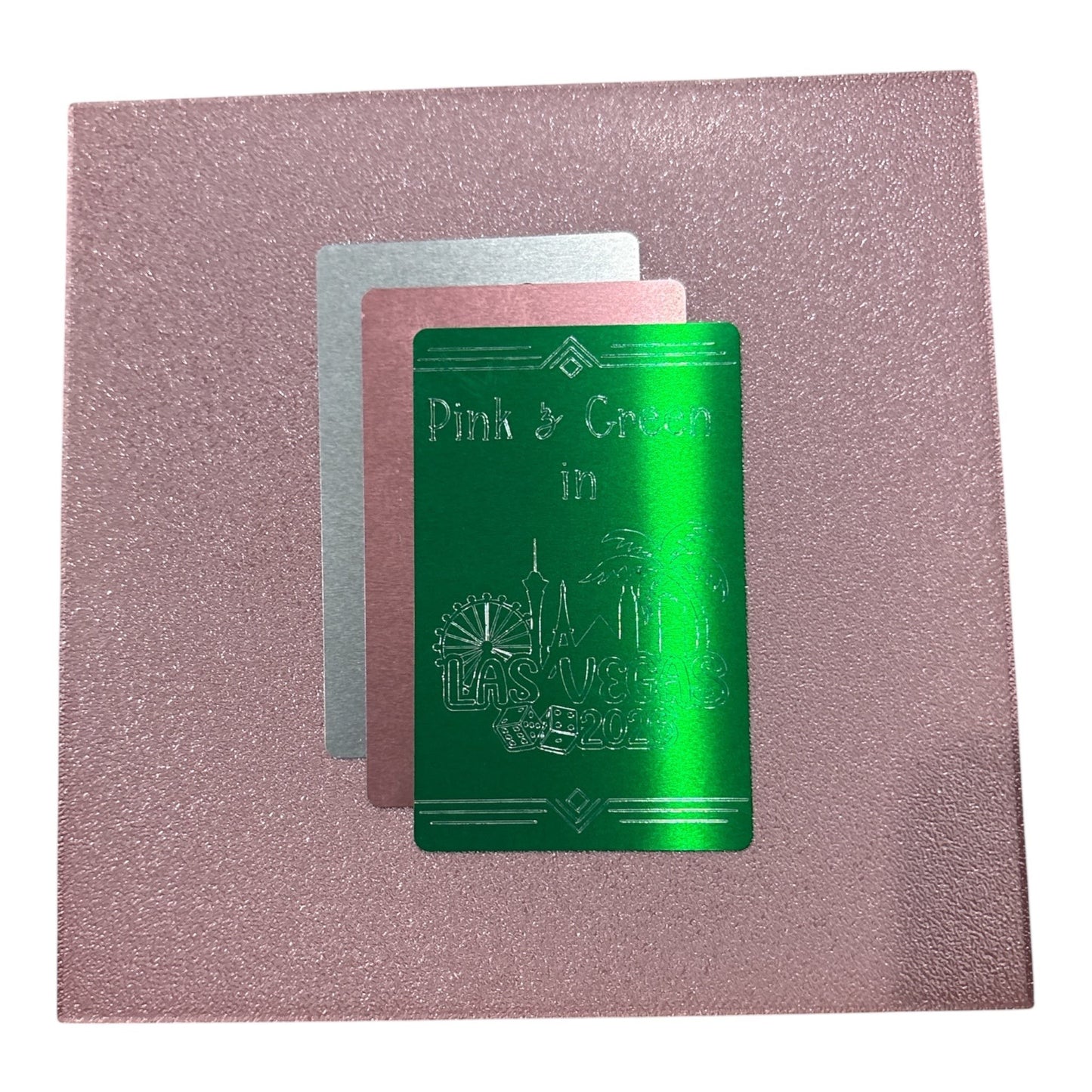 House of Lux Gifts pink and green Las Vegas 2026 metal card set with rose gold and silver accents