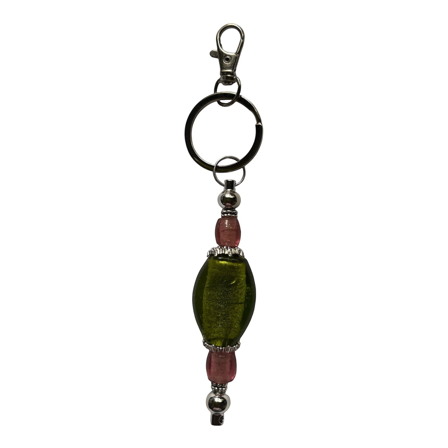 House of Lux Gifts handmade lampwork glass keychain with pink and green beads and gold plated metal accents