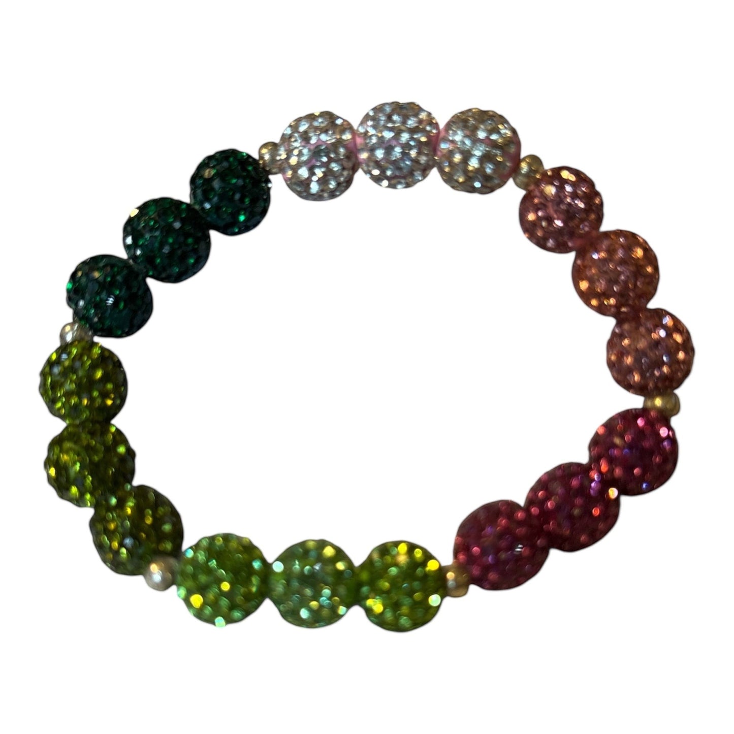 House of Lux Gifts handmade stretch bracelet featuring pink and green rhinestone beads in a vibrant gradient pattern.