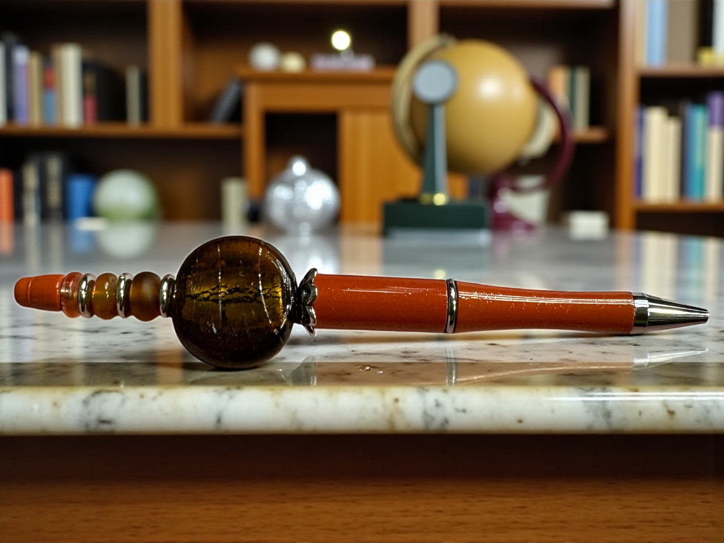 Artisan Orange Glass Bead Pen - Handmade Lampwork Writing Instrument