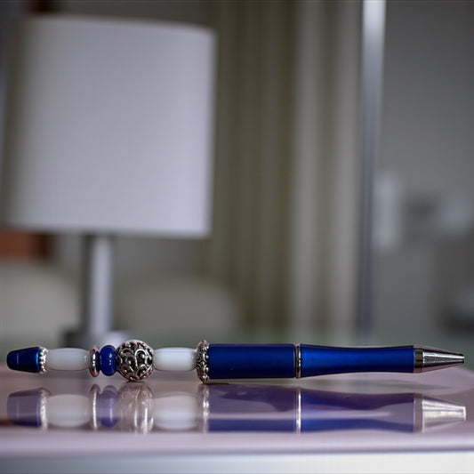 Handmade Blue Pen with White Glass Bead - Metal Ballpoint, Artisan Crafted, Unique Gift