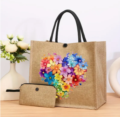 2 Pcs Lightweight Heart-Shaped Floral Print Tote Bag Set with Zipper Makeup Bag for Portable Shopping, Travel, and Beach Trips