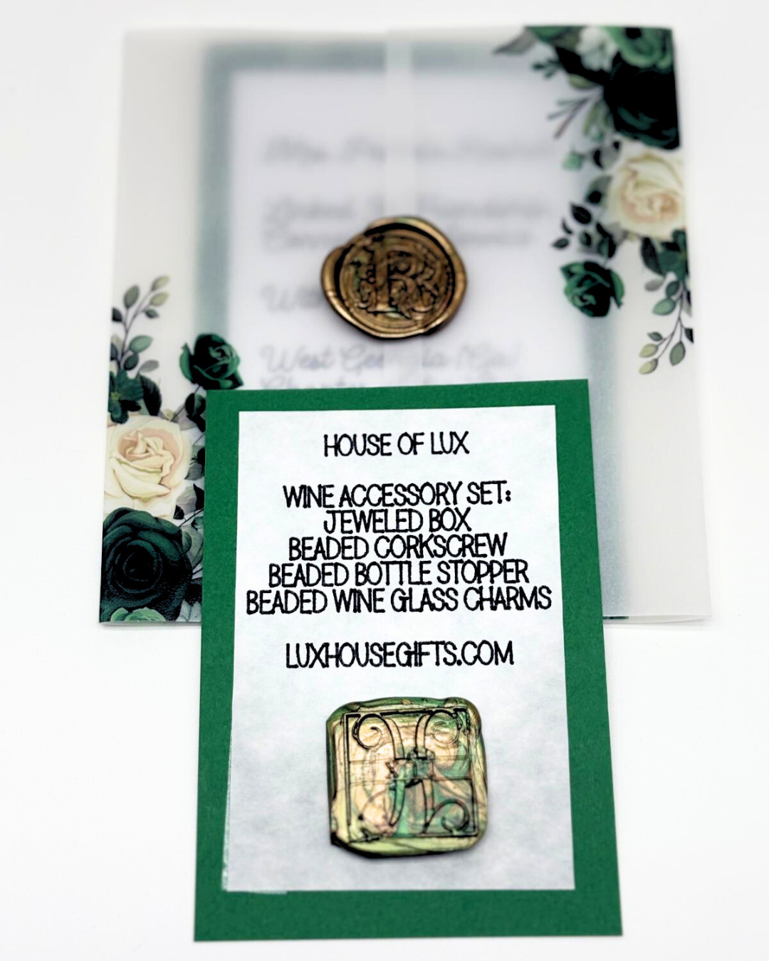 Elegant Wine Accessories Gift Set with Luxurious Keepsake Box & Sophisticated Handwritten Message Card (Emerald Green & White)