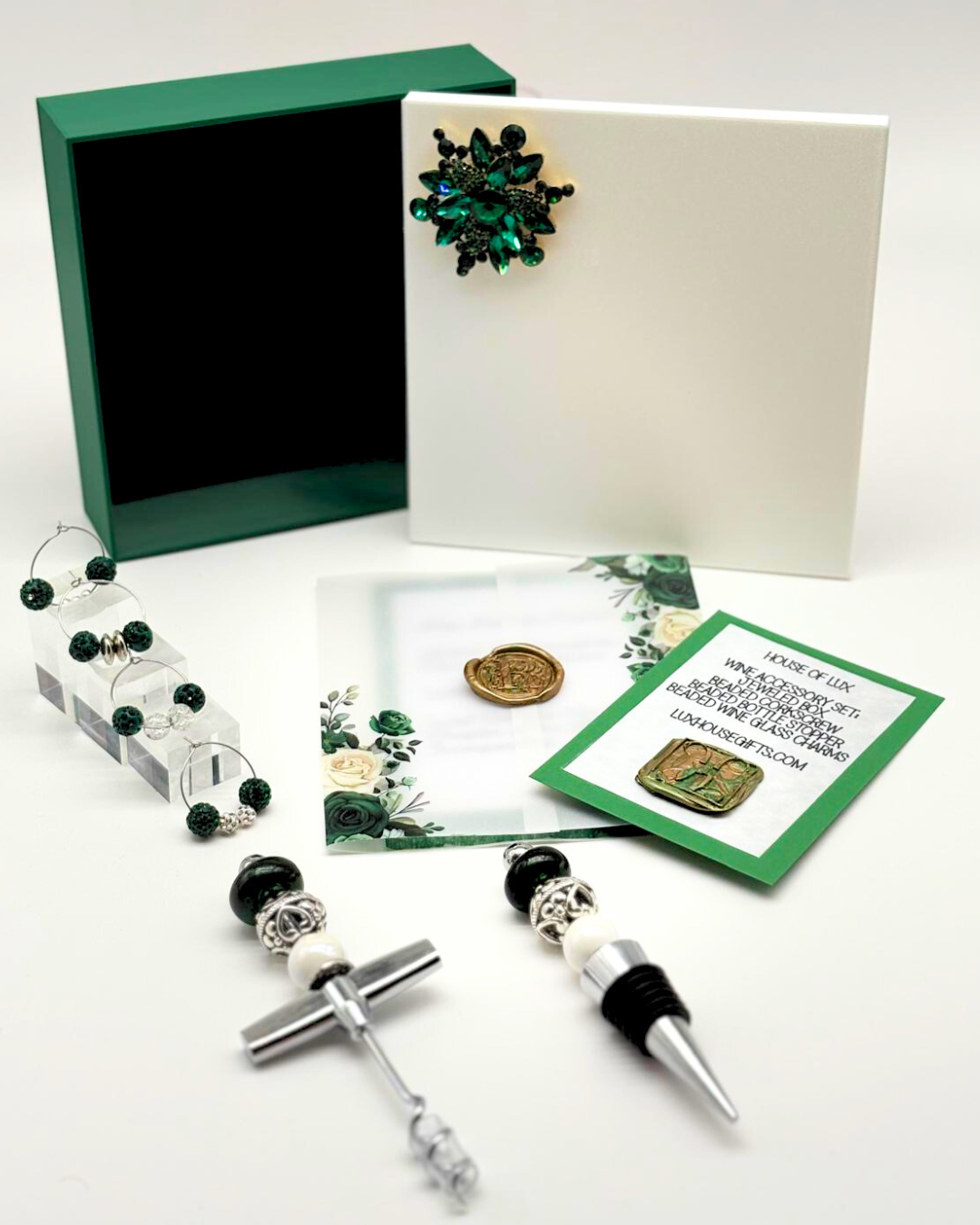 Elegant Wine Accessories Gift Set with Luxurious Keepsake Box & Sophisticated Handwritten Message Card (Emerald Green & White)