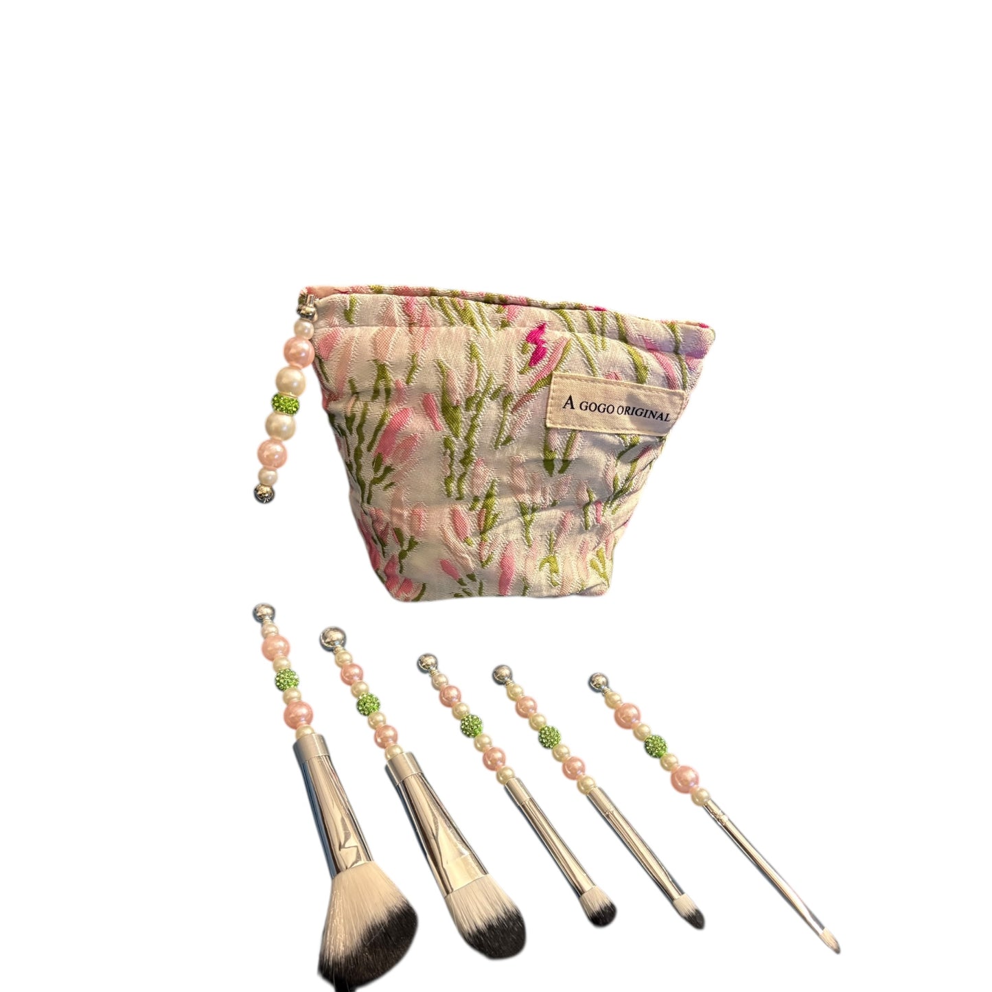 Handmade Pink & Green Jeweled Make Up Bag and Brushes Set