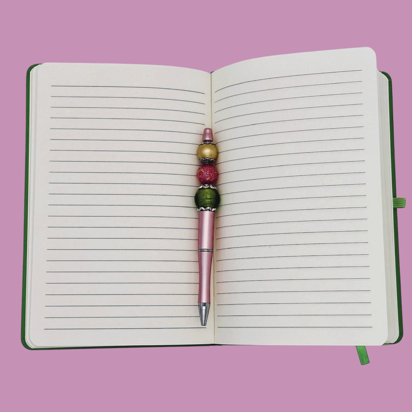 Handmade Elegant Lampwork Statement Bead Pen with Green Notebook with Pink Accent