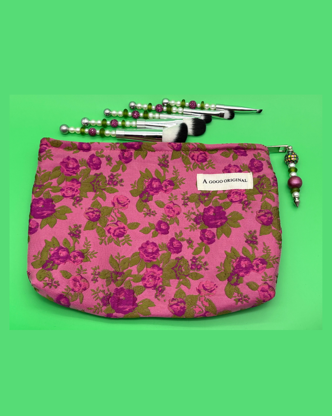 Makeup Collection: Pink & Green Makeup Bag with Matching Beaded Brushes