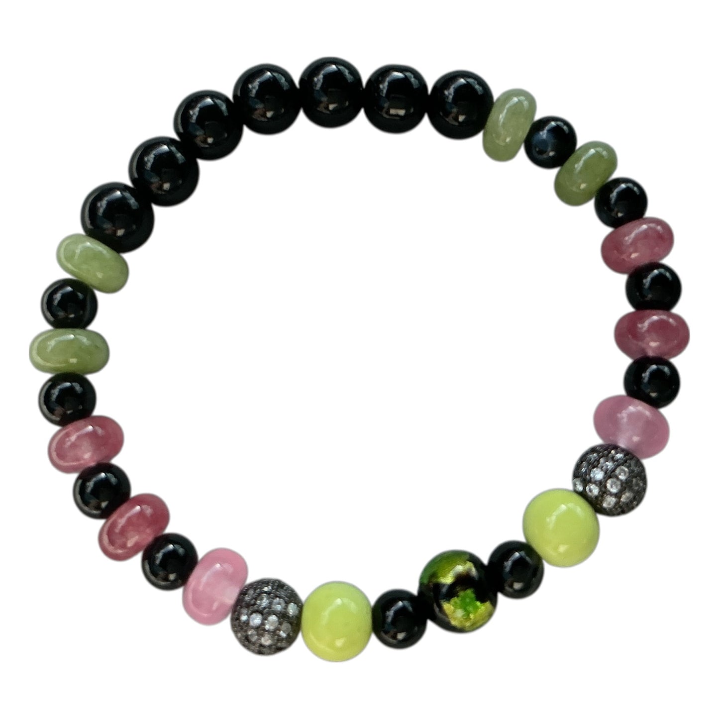 Stunning Bracelet with Marble Green Bead and Pink and Black Accents