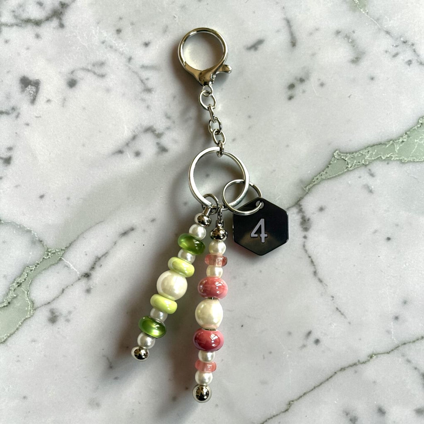 Handmade Pink and Green Line Number Keychain: Silver Murano Bead, Metal, Glass AKA