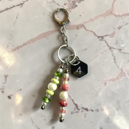 Handmade Pink and Green Line Number Keychain: Silver Murano Bead, Metal, Glass AKA