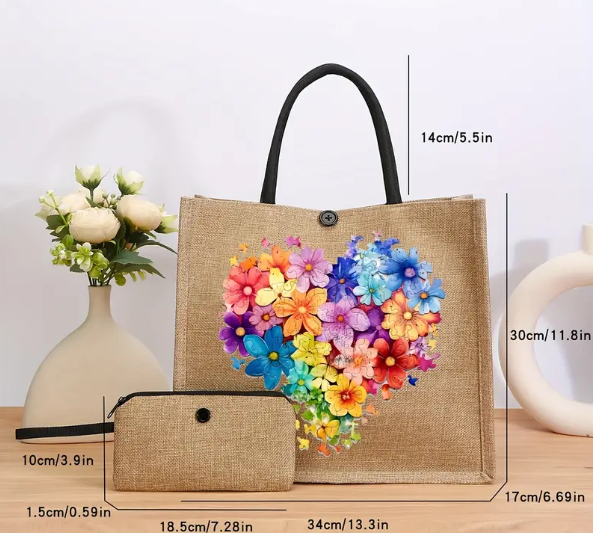 2 Pcs Lightweight Heart-Shaped Floral Print Tote Bag Set with Zipper Makeup Bag for Portable Shopping, Travel, and Beach Trips