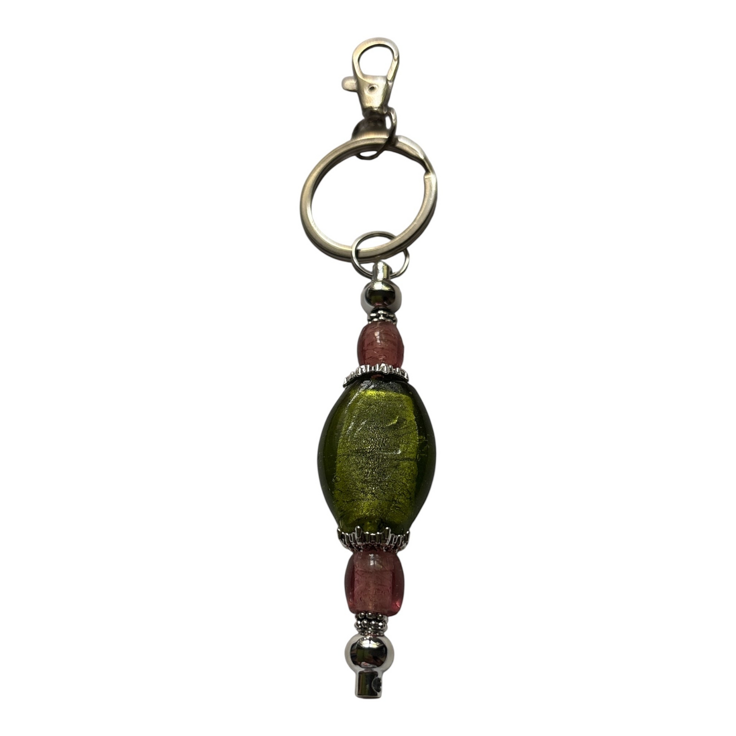 Stately Pink and Green Keychain Bag Charm Handmade Lampwork Glass