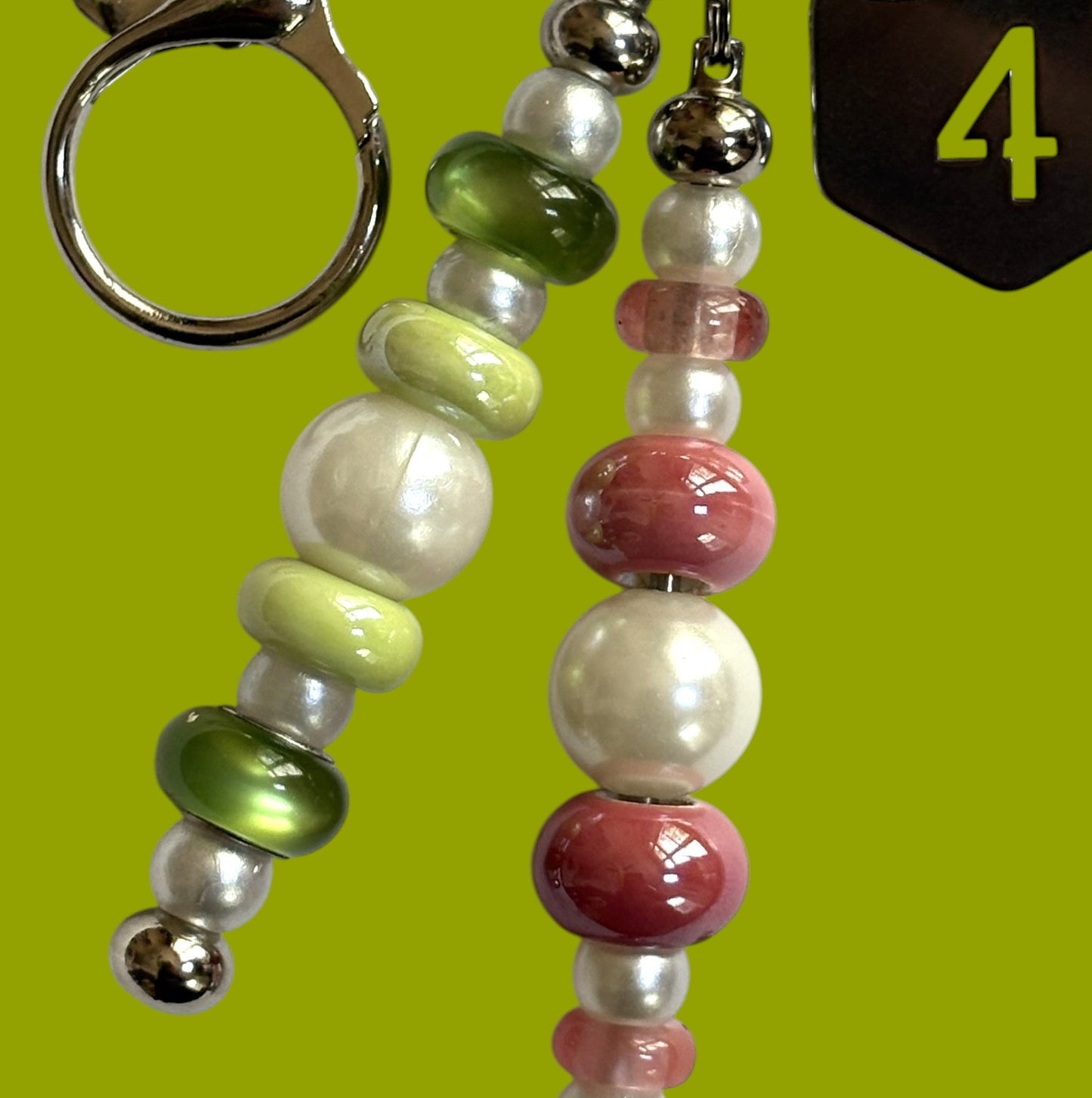 Handmade Pink and Green Line Number Keychain: Silver Murano Bead, Metal, Glass AKA