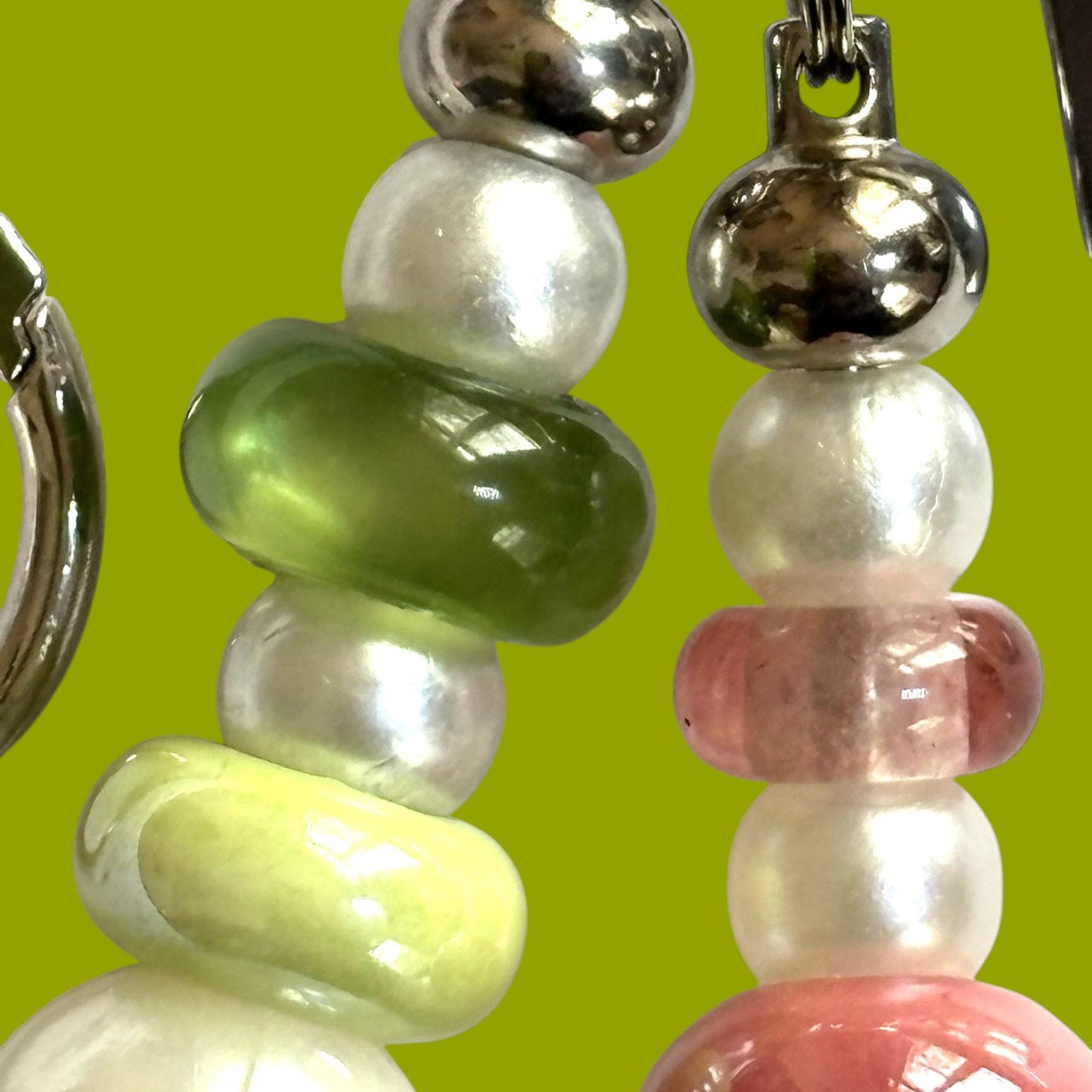 Handmade Pink and Green Line Number Keychain: Silver Murano Bead, Metal, Glass AKA