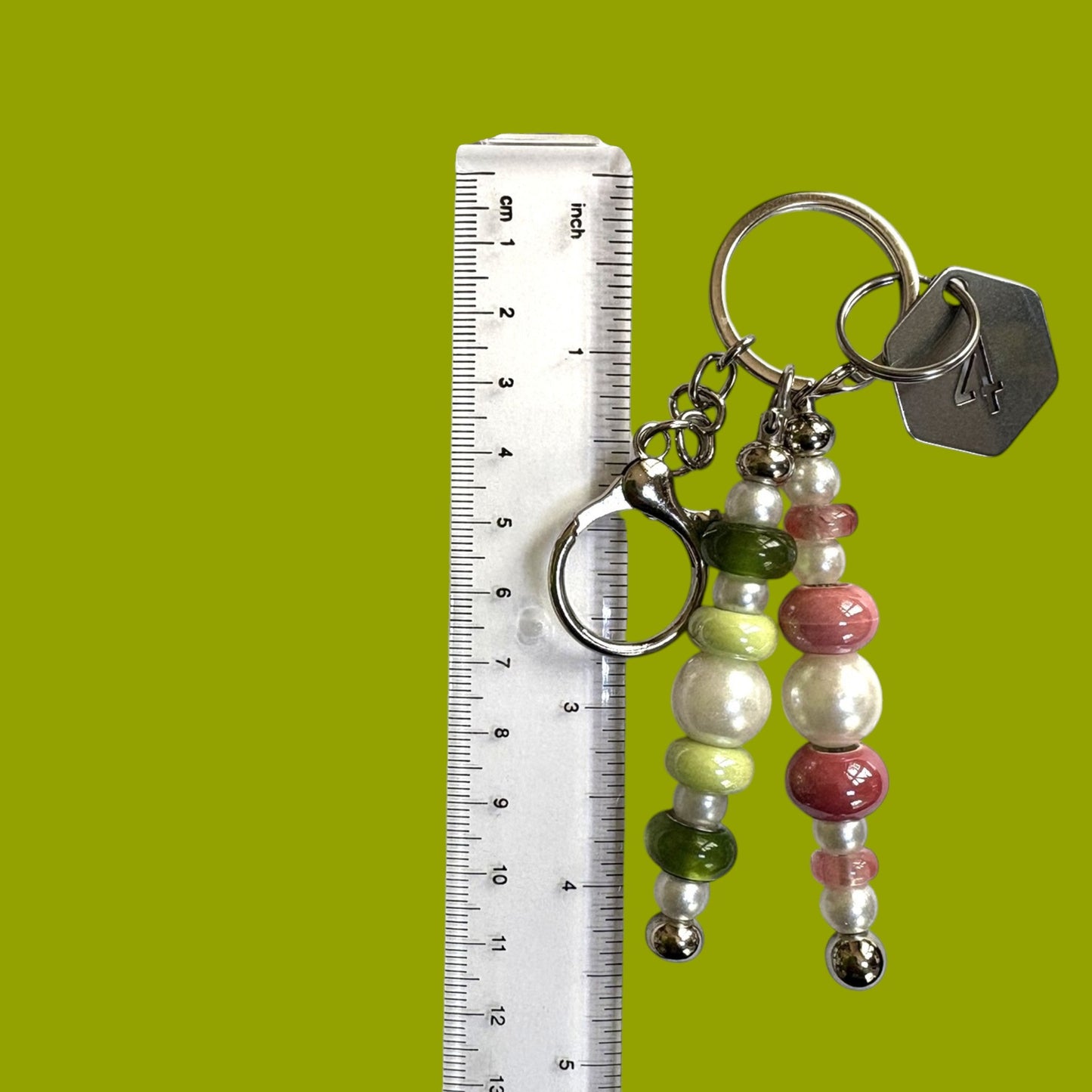 Handmade Pink and Green Line Number Keychain: Silver Murano Bead, Metal, Glass AKA