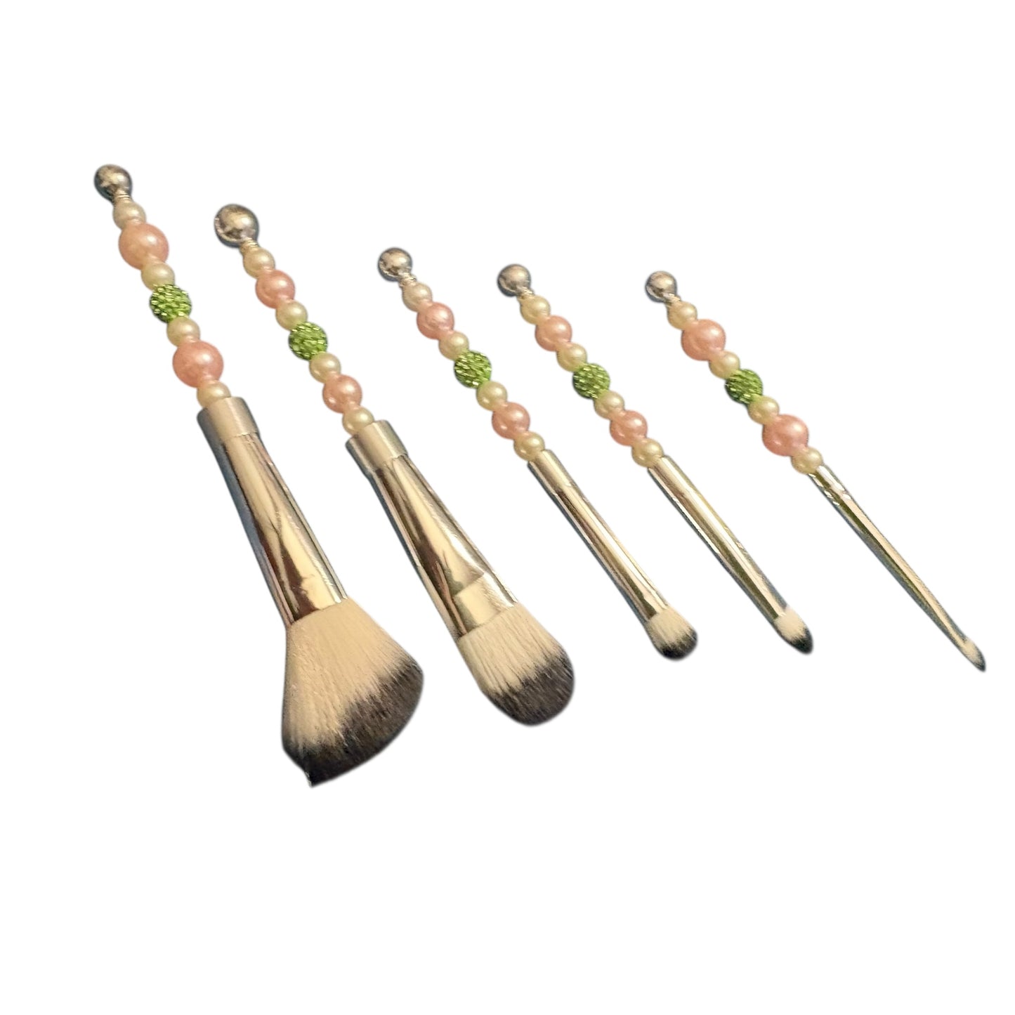 Handmade Pink & Green Jeweled Make Up Bag and Brushes Set