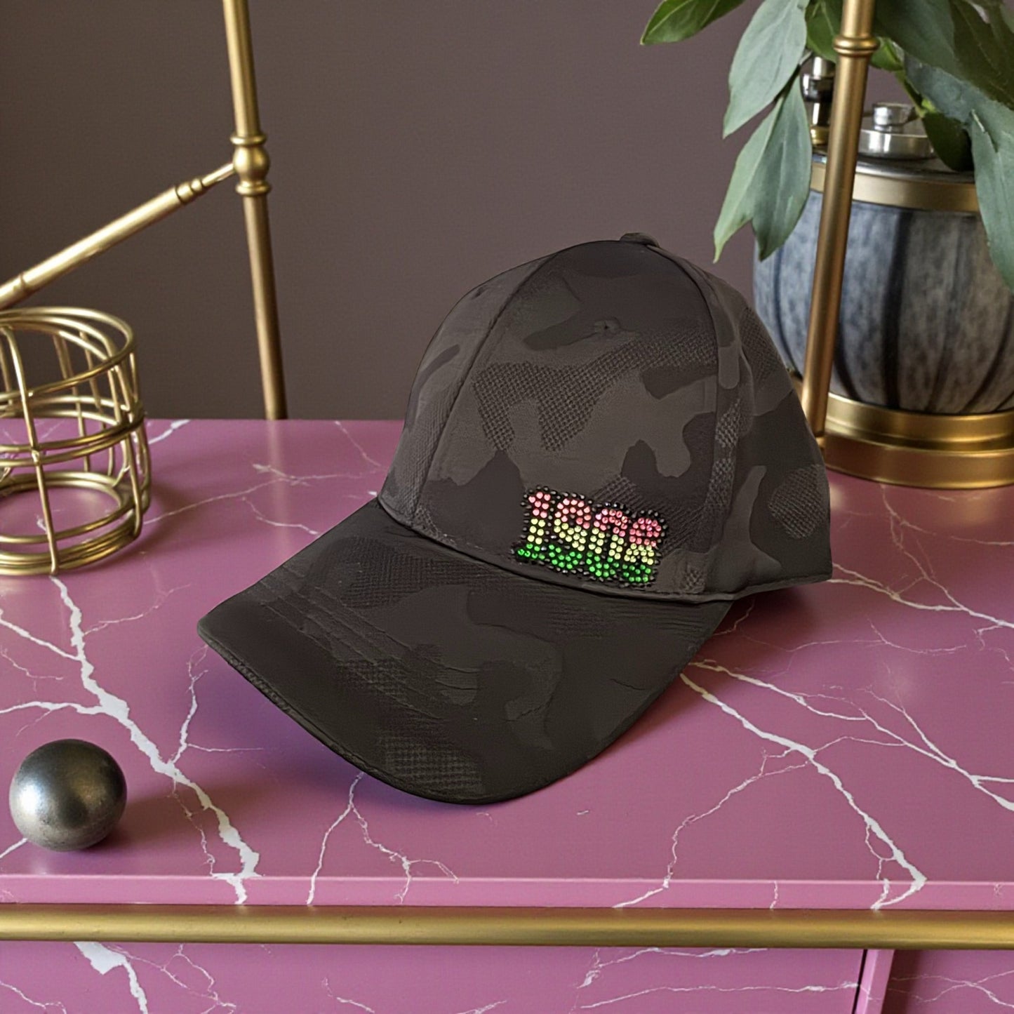 Black on Black Camouflage Hat with Rhinestone "1908" in Pink and Green