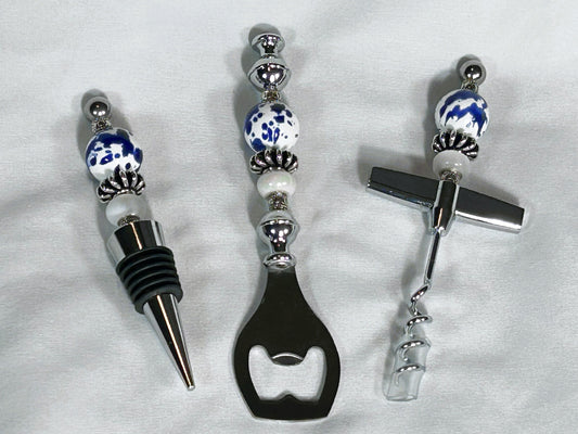 Beaded Barware 3 Piece Set - Wine Bottle Stopper, Corkscrew, Bottle Opener (Blue and White)