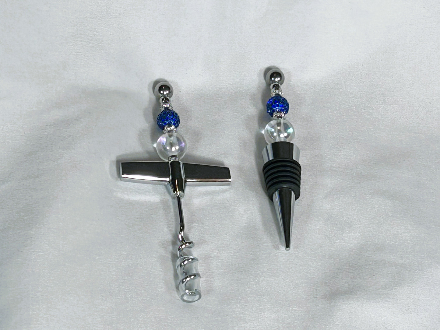 Beaded Barware Set - Wine Bottle Stopper and Cork screw ( Blue and Clear Glass)