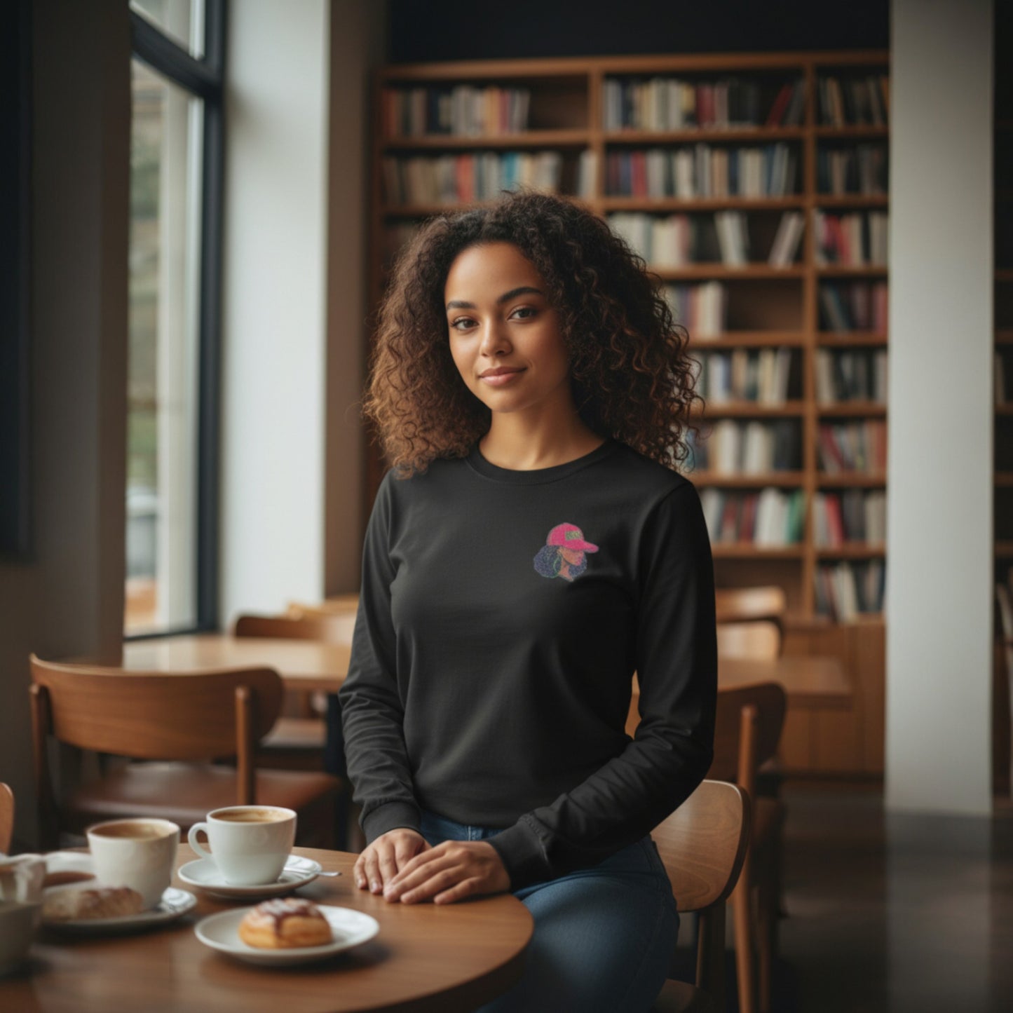 Black Long Sleeve Shirt with Female with "08" Baseball Cap in Pink and Green