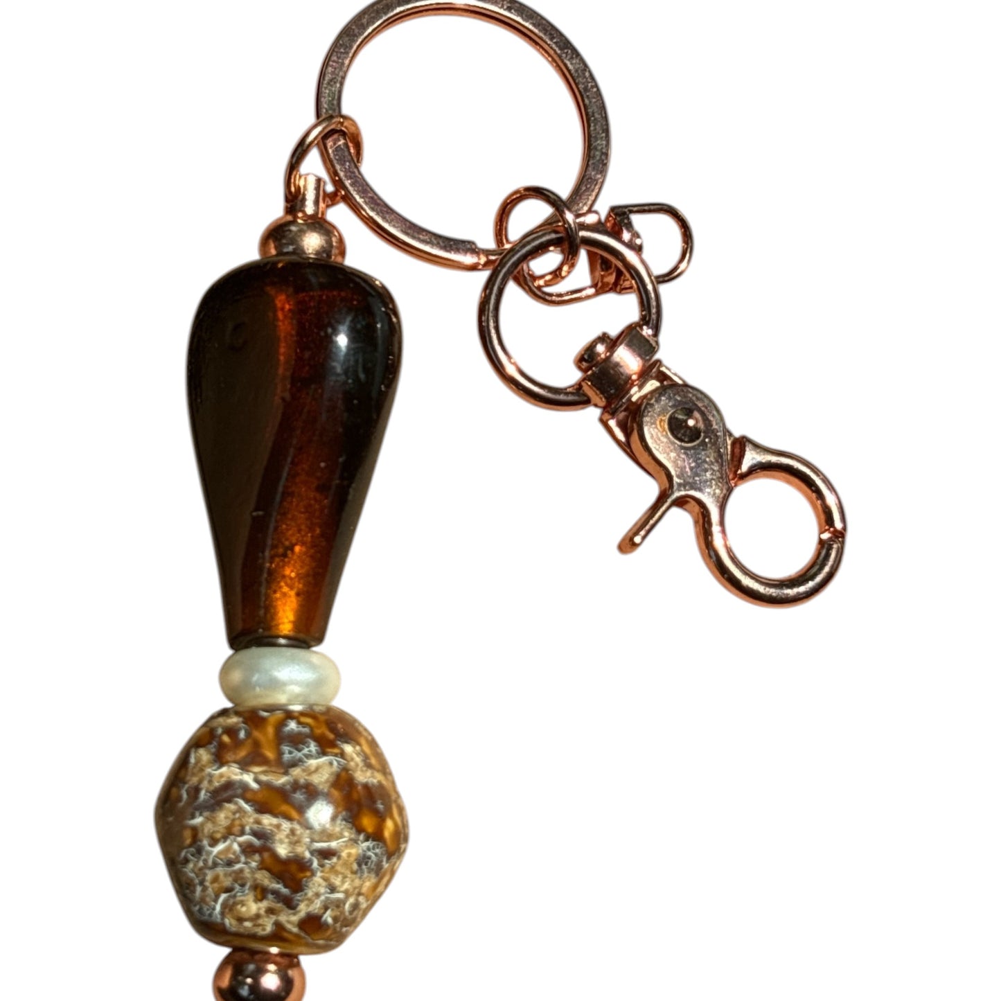 Regal Artisan Lampwork Bead Keychain & Bag Charm – Amber, Bronze & Rose Gold