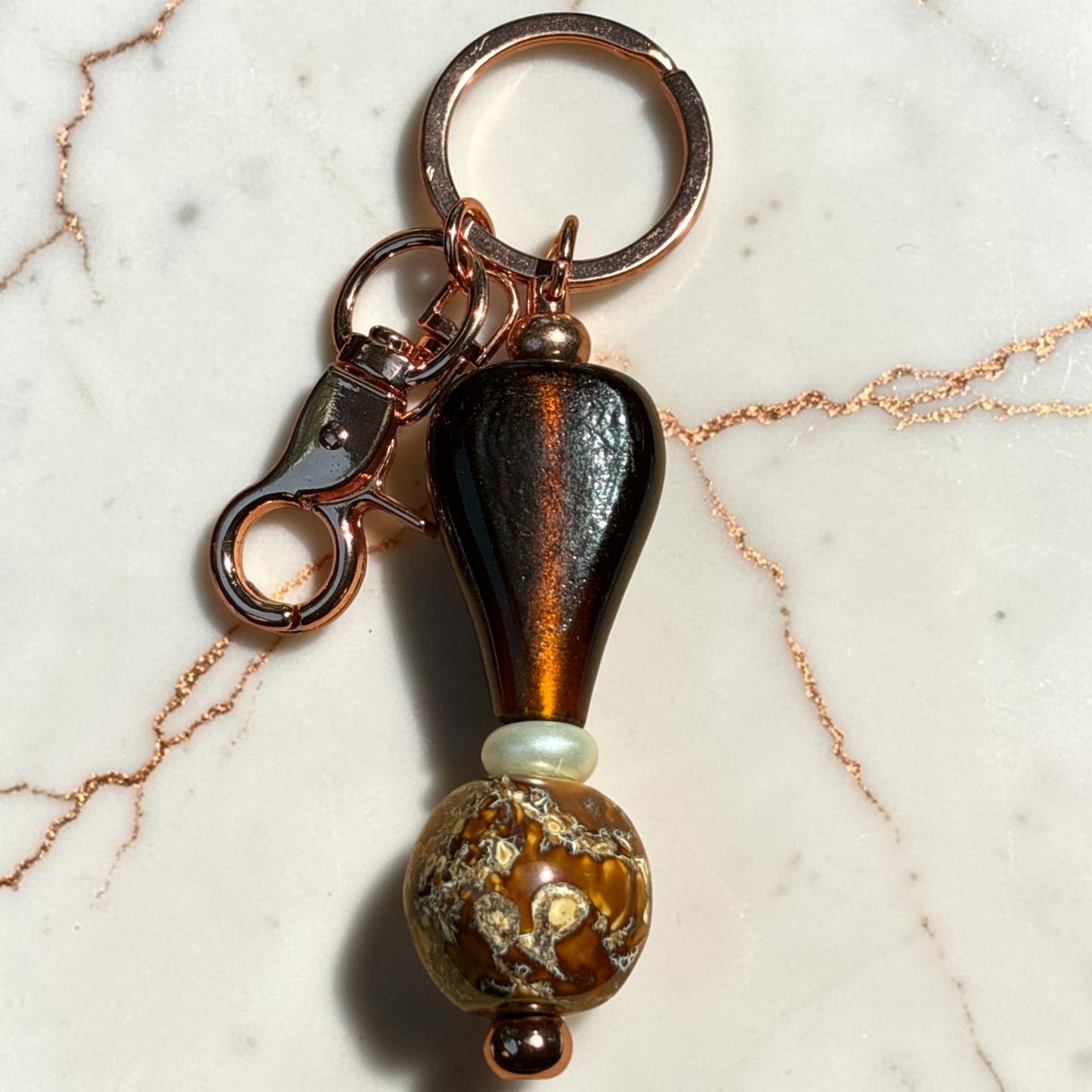 Regal Artisan Lampwork Bead Keychain & Bag Charm – Amber, Bronze & Rose Gold