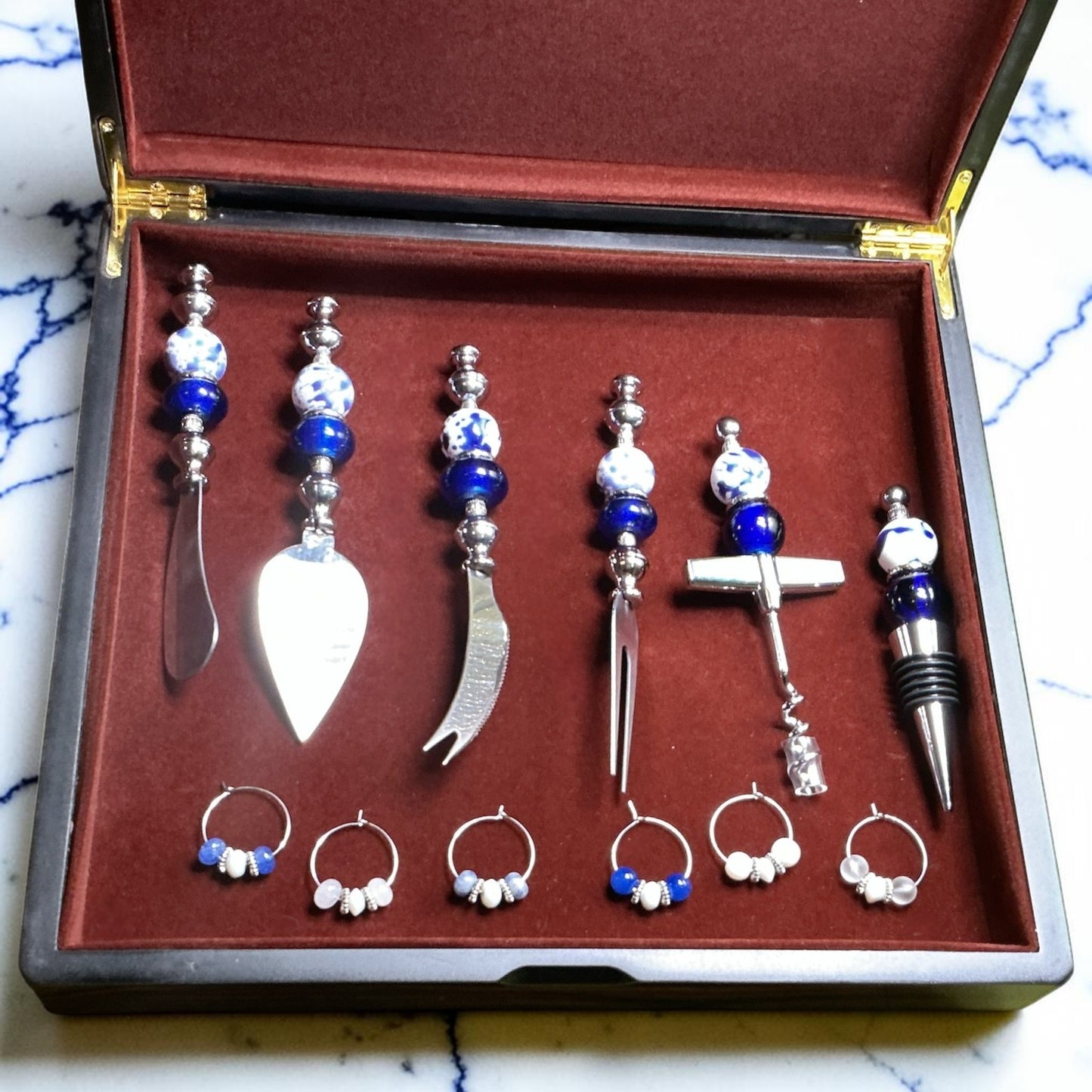 Elegant Entertaining Serving Set – Blue & White Collection (Charcuterie & Wine Accessory Set Gift Set