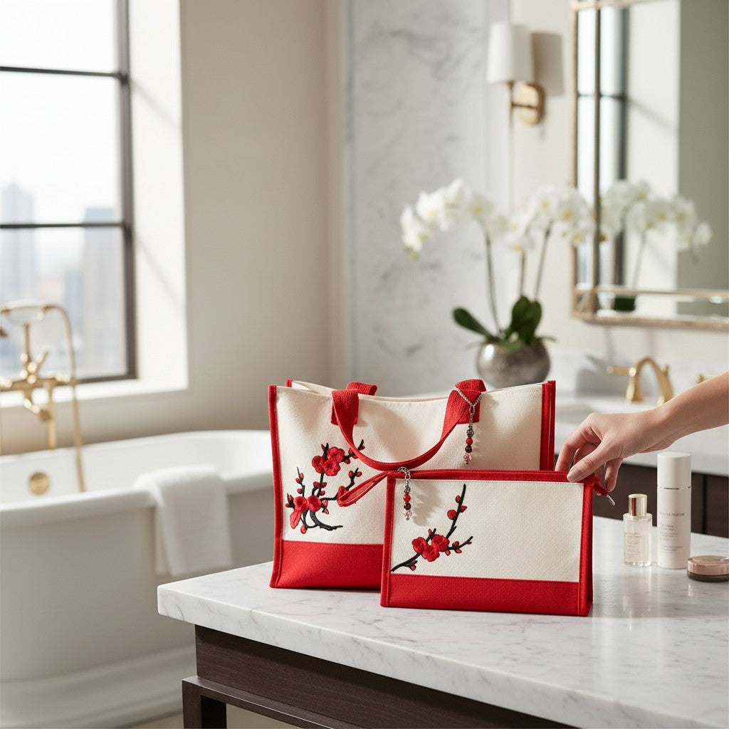 Red Blossom Tote & Coordinating Wristlet/Cosmetic Set with two Bag Charms
