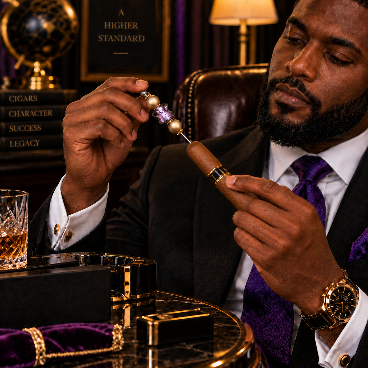 Purple and Gold LUX Designer Cigar Pokers - Beaded Cigar Pick His Majesty Collection