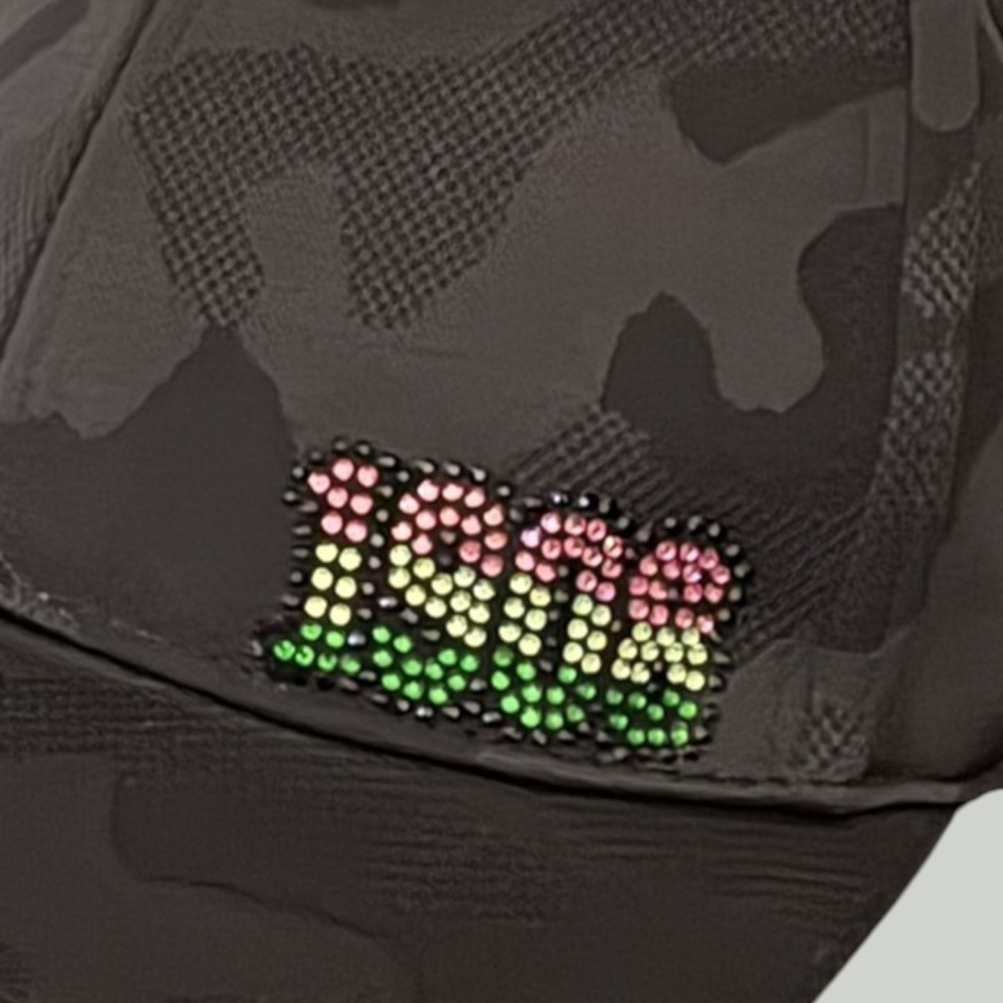 Black on Black Camouflage Hat with Rhinestone "1908" in Pink and Green